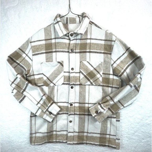 Manfinity Homme Other - Plaid Flannel Shacket Adult Size Medium Khaki/White‎ Manfinity Homme Jacket Y2K